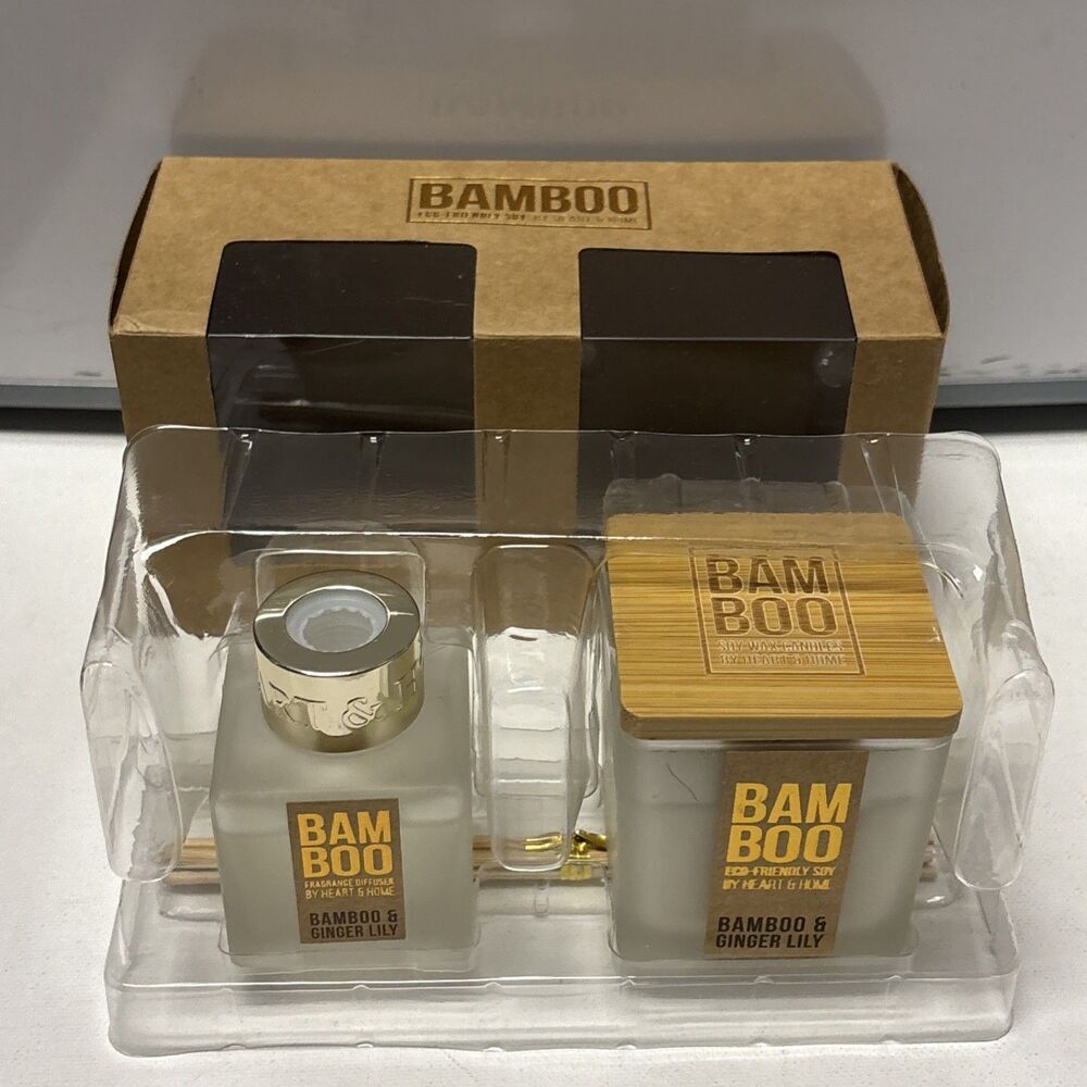 NEW Bamboo Ginger Lily Candle Reed Diffuser Set Eco Friendly Soy Scented